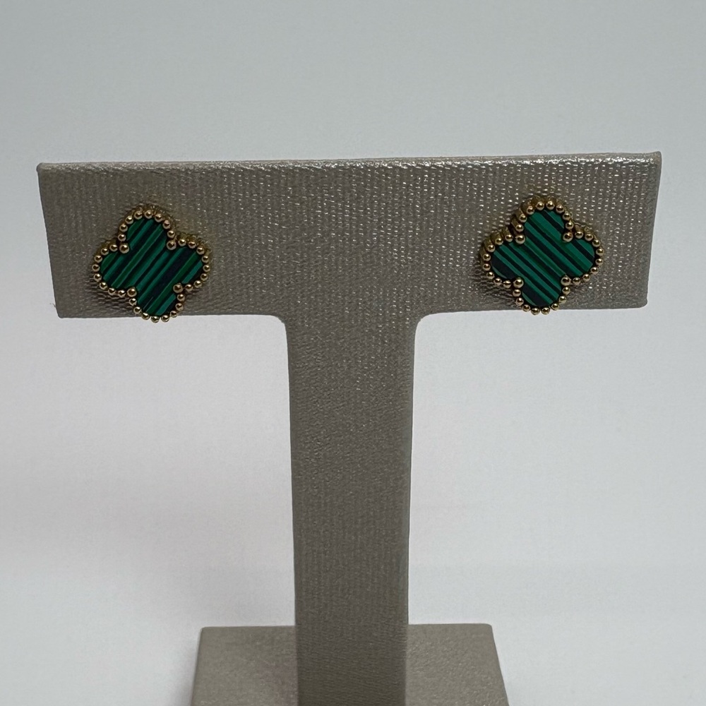 Green Malachite Four Leaf Clover Stud Gold Tone Earrings